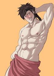 1boy abs armpit bara booty_electric fire_emblem male_focus male_only muscular muscular_male naughty_face nipples pecs shiro_(fire_emblem) smile solo tagme undressing