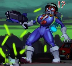 aka6 black_hair body_modification bodysuit breast_expansion breast_growth breasts cleavage dark_skin huge_breasts nuclear_throne rogue_(nuclear_throne) surprised tagme wardrobe_malfunction wide_eyed