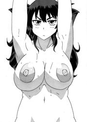 1girls arms_up big_breasts black_and_white blush character_request erect_nipple erect_nipples erection eyelashes female female_only front_view human long_hair pointy_chin simple_background sketch solo sweat teamtgs white_background