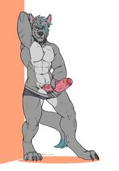 abs anthro balls biceps briefs canine clothing collar crash_azarel_(character) erection grin hand_behind_head holding_penis humanoid_penis kenjin male male_only mammal mostly_nude muscular muscular_male paws pecs penis smile solo uncut underwear vein veiny_penis wolf