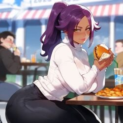 ai_generated bleach blush breasts burger dark-skinned_female dark_skin dating food looking_at_viewer mature_female milf miyuai mommy ponytail public purple_hair restaurant shihouin_yoruichi sitting thiccwithaq_(ai_style) thick thick_ass thick_thighs yellow_eyes