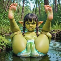 1girl 1girls ai_generated angry angry_face big_pussy brown_hair camel_toe cameltoe cub diaper diaper_fetish diaper_only fangs feet female flat_chest goblin goblin_female grass green_skin grimace grumpy holding_legs holding_legs_up huge_pussy hyper_pussy leaning_back legs_up lily_pad looking_at_viewer nipples outdoors outside pointy_ears reflection swamp topless twintails water