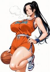ai_generated alluring almost_naked almost_nude basketball basketball_(ball) basketball_shorts basketball_uniform big_breasts black_eyes black_hair blush boa_hancock earring earrings female female_only looking_at_viewer one_piece ponytail seducing seduction seductive seductive_body seductive_eyes seductive_gaze seductive_look seductive_mouth seductive_pose shiny_hair shiny_skin snake_earrings steamy_breath sweat sweatdrop sweating sweaty sweaty_body thick_thighs voluptuous voluptuous_female yashin