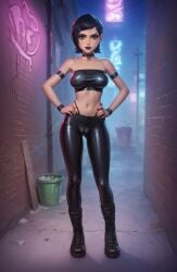 aged_up ai_generated ben_10 big_breasts black_hair black_latex_pants boots breasts cameltoe choker collar emo goth goth_girl gwen_tennyson large_breasts latex latex_pants latex_tubetop lipstick nipples_visible_through_clothing pdbai slut tagme tube_top tubetop