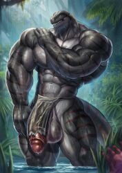 abs absurd_res anthro balls biceps big_balls big_muscles big_penis bottomwear claws clothing dinosaur flaccid genitals glistening glistening_balls glistening_body glistening_genitalia glistening_muscles glistening_scales grey_body grey_scales hi_res huge_balls huge_cock huge_muscles humanoid_genitalia humanoid_penis loincloth male muscular muscular_anthro muscular_male nipples partially_submerged pecs penis prehistoric_species quads reptile scales scalie solo solo_male striped_body stripes tail teeth theropod vein veiny_muscles veiny_penis yukihoshiak