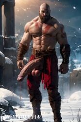 1boy ai_generated aimuscles bald bald_man bara barely_clothed barely_covered beard big_penis daddy dilf facial_hair god_of_war kratos large_penis looking_at_viewer male male_focus male_only mature_male muscles muscular muscular_arms muscular_ass muscular_back muscular_legs nature nature_background older_male outdoor_nudity outdoors partially_clothed_male partially_nude partially_undressed penis penis_sticking_out public_exposure red_markings red_skirt scantily_clad snow snowy_background winter