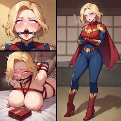 ai_generated bondage captain_marvel confident defeated high_heel_boots instant_loss_2koma marvel marvel_comics mind_control nipple_piercing pink_eyes ring_gag spiral_eyes superheroine tied_up