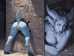 ahe_gao ai_generated artas9972 blue_skin cum cum_drip cum_in_pussy cum_inside draenei draenei_female female hooves horns stuck_in_wall tail through_wall tongue tongue_out wall warcraft world_of_warcraft