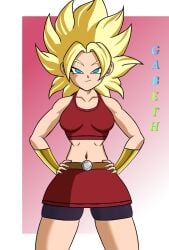 black_shorts blonde_hair breasts caulifla cosplay dragon_ball dragon_ball_super female kale kale_(dragon_ball) kale_(dragon_ball)_(cosplay) large_breasts miniskirt red_skirt sex_invitation sexually_suggestive shorts skirt smile solo