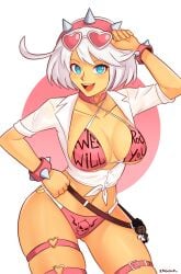 aqua_eyes bikini blue_eyes breasts elphelt_valentine fat_breasts female_focus flat_belly glasses guilty_gear guilty_gear_strive large_breasts looking_at_viewer nagoriyuki plushie smgold thighs white_hair wide_hips