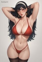 1girls ai_generated artist_name bangs big_breasts bikini bikini_bottom bikini_top black_hair blush breasts cleavage clothed clothing earrings eyelashes female female_only hairband hands_behind_head hips hourglass_figure human iknowkungfu42 large_breasts light-skinned_female light_skin lips long_hair looking_at_viewer red_bikini red_clothing red_eyes red_lips red_lipstick seductive simple_background solo spy_x_family thighhighs thighs white_background yor_briar yor_forger