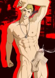 1boy abs absurd_res absurdres alternate_version_available atlus balls bara biceps big_balls big_penis blonde_hair cum disembodied_hand erection genital_fluids handjob hydaria looking_at_viewer male male_focus male_nipples male_only masturbation megami_tensei muscular_male nipples nude nude_male orgasm pecs penis persona persona_5 ryuji_sakamoto sega simple_background solo solo_focus solo_male