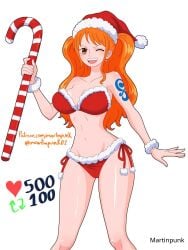 1girls 2d 2d_(artwork) 2d_artwork ;) adult adult_female alternative_hairstyle arm_tattoo bare_armpits bare_arms bare_belly bare_chest bare_hands bare_hips bare_knees bare_legs bare_midriff bare_navel bare_shoulders bare_skin bare_thighs belly belly_button big_breasts bikini bikini_bottom bikini_only bikini_top blue_tattoo breasts busty busty_female busty_girl candy_cane christmas christmas_bikini christmas_clothes christmas_clothing christmas_costume christmas_outfit cleavage collarbone curvaceous curvaceous_body curvaceous_female curvaceous_figure curvaceous_hips curvy curvy_body curvy_female curvy_figure curvy_hips digital digital_art digital_drawing digital_drawing_(artwork) digital_media digital_media_(artwork) exposed_armpits exposed_arms exposed_belly exposed_chest exposed_hips exposed_legs exposed_midriff exposed_navel exposed_shoulders exposed_skin exposed_thighs eye_closed female female_focus female_only fingernails fingers ginger ginger_hair groin high_resolution highres hourglass_figure knees large_boobs large_breasts lean_figure long_hair looking_at_viewer martinpunk mature mature_female midriff nami_(one_piece) narrow_waist navel one_eye_closed one_eye_open one_piece open_mouth open_mouth_smile orange-eyed_female orange-haired_female orange_eyebrows orange_eyes orange_hair orange_hair_female parted_lips post-timeskip red_bikini red_bikini_bottom red_bikini_top red_swimsuit red_swimwear ribs shoulders side-tie_bikini simple_background slender_body slender_waist slim_waist smile smiley_face smiling smiling_at_viewer solo standing swimsuit swimwear tattoo tattoo_on_arm tattooed_arm thick_thighs thighs tongue twintails twintails_(hairstyle) upper_body upper_teeth wavy_hair white_background wide_hips wink winking winking_at_viewer winking_eye