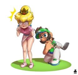 1boy 1girls blonde_hair blue_eyes cajarito clothing crown ear_piercing female golf_club human lifting_shirt looking_at_ass luigi male mario_(series) mario_golf moustache nintendo panties peeping princess_peach shoes smile surprised_expression upskirt white_background