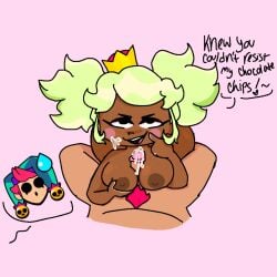 brawl_stars breasts chester_(brawl_stars) dark-skinned_female green_hair mandy_(brawl_stars) paizuri teasing titfuck titjob