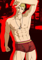 1boy absurd_res absurdres alternate_version_available atlus bara biceps big_bulge blonde_hair bulge hydaria looking_at_viewer male male_focus male_nipples male_only megami_tensei muscular_male nipples pecs persona persona_5 ryuji_sakamoto sega simple_background solo solo_focus solo_male underwear