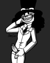 1boy 2024 balls big_hair big_hat black_and_white black_hair black_tie button cartoony cel_shading collared_shirt curly_hair fluffy_hair formal_clothes formal_wear grayscale grey_background grey_vest hand_on_head hand_on_penis hat itamigao long_hair loquendo loquendo_youtuber male_only monochrome no_background non-human penis self_upload simple_background simple_eyes sketchy skull solo solo_focus solo_male standing suit teeth the_killer_slash tie toony vest white_body white_clothing white_skin white_suit youtube youtube_avatar youtube_hispanic youtuber youtuber_boy