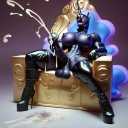 ai_generated balls cumming futanari horsecock latex masturbation muscular my_little_pony nightmare_moon_(mlp) throne