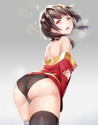 1girls ass bare_shoulders black_panties blush brown_hair dress female female_only highres kono_subarashii_sekai_ni_shukufuku_wo! long_sleeves looking_at_viewer megumin mengo off_shoulder panties red_eyes short_dress solo sweat thick_thighs thighhighs thighs underwear