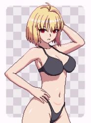 ahoge arcueid_brunestud big_breasts bikini black_bikini blonde_hair breasts checkered_background color female full_body gray_background huge_breasts legs looking_at_viewer melty_blood navel pixel_art posing pussy_peek red_eyes resting seiko093 smile thick_thighs tsukihime tummy type-moon vampire vampire_girl white_background wide_hips