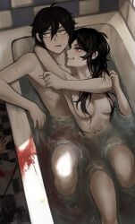 1boy 1girls andrew_graves armpits ashley_graves bath bathing bathroom bathtub black_hair blood breasts brother_and_sister cuddling incest nude_female nude_male sharing_bathtub sibling_incest siblings the_coffin_of_andy_and_leyley water