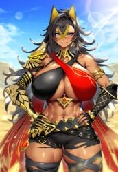 1girls 2vuiai abs ai_generated big_breasts big_thighs blue_eyes blush breasts clothed clothed_female clothing dark-skinned_female dark_skin dehya_(genshin_impact) female genshin_impact huge_breasts huge_thighs large_breasts large_thighs muscular muscular_arms muscular_female muscular_thighs navel thick_thighs thighs voluptuous