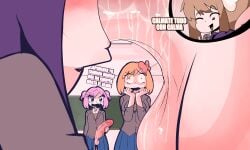 2futas 2girls angry_face background balls big_balls big_penis blowjob breasts brown_hair clothed clothing dialogue doki_doki_literature_club erection fellatio female fully_clothed futa_on_female futanari huge_cock human light-skinned_female light-skinned_futanari light_skin monika_(doki_doki_literature_club) mostly_clothed natsuki_(doki_doki_literature_club) oral peach_hair penis pink_hair purple_hair sayori_(doki_doki_literature_club) school_uniform schoolgirl small_balls spanish_dialogue spanish_text standing surprised text vi_wesker white_skin yuri_(doki_doki_literature_club)