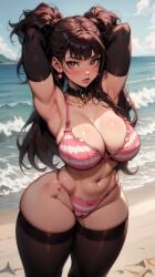 1girls ai_generated armpits arms_behind_head arms_up armwear beach belly big_breasts bikini blush brown_eyes brown_hair collar earrings elbow_gloves horny_female kujikawa_rise legwear persona_4 pink_bikini pink_panties pussy_juice thick_legs thick_thighs thighhighs twintails underwear wet_pussy