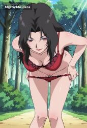 ai_generated anime anime_style bent_over black_hair bra breasts cleavage day female hentai hi_res kurenai_yuhi leaning_forward lipstick long_hair looking_at_viewer makeup medium_breasts mystic_maidens naruto naruto_(classic) naruto_(series) naruto_shippuden outdoors panties panty_pull patreon pulled_by_self pussy red_bra red_eyes red_panties smile solo tree underwear underwear_only undressing
