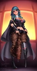 1futa alternate_version_at_source balls blue_hair breasts byleth_(fire_emblem) byleth_(fire_emblem)_(female) cleavage clothed clothing erection erection_under_pantyhose fire_emblem fire_emblem:_three_houses full_body futa_only futanari huge_cock human large_breasts light-skinned_futanari light_skin long_hair mostly_clothed nenerhea nintendo pantyhose penis precum solo standing thick_thighs wide_hips