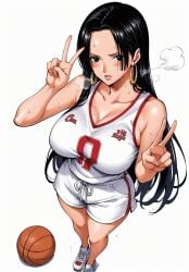 ai_generated alluring almost_naked almost_nude basketball basketball_(ball) basketball_shorts basketball_uniform black_eyes black_hair blush boa_hancock earring earrings female female_only looking_at_viewer one_piece peace_sign seducing seduction seductive seductive_body seductive_eyes seductive_gaze seductive_look seductive_mouth seductive_pose shiny_hair shiny_skin snake_earrings steamy_breath sweat sweatdrop sweating sweaty sweaty_body voluptuous voluptuous_female yashin