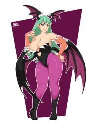 10kyowatts 1girls 2024 absurd_res armwear bangs bat_print big_breasts blunt_bangs capcom cleavage darkstalkers female female_only full_body green_eyes green_hair head_wings heel_boots leotard long_hair looking_at_viewer morrigan_aensland pantyhose pink_pantyhose smiling smiling_at_viewer solo succubus succubus_wings thick_thighs wide_hips wings