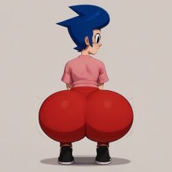 ai_generated anacoslike ass ass_shake back_view big_ass big_butt black_eyes black_shoes blue_hair clothed darla_myers female female_only get_blake high_quality highres huge_ass milf pink_shirt red_pants solo squatting twerking untucked_shirt