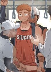 basketball_uniform blush cum erection gay grin leeksaltboy male_focus male_only naughty_face penis public_transportation red_hair saliva smile sportswear steam sweat train undressing yaoi