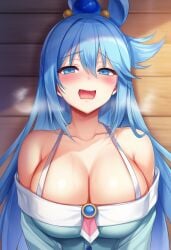 1girls ai_generated aqua_(konosuba) big_breasts blue_eyes blue_hair blush breast breast_focus breasts breasts_focus closed_mouth female female_focus female_only hair_between_eyes hair_ornament hair_rings hi_res konosuba large_breasts long_hair long_sleeves looking_at_viewer single_hair_ring sitting solo