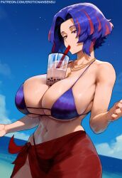 1girls ai_assisted ai_generated alternate_breast_size big_breasts bikini breast_support curvy drinking erotic_nansensu female female_only hourglass_figure lady_nagant multicolored_hair my_hero_academia necklace sarong solo tight_fit wip