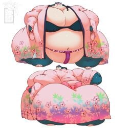 1girls ass belly belly_overhang blue_body blue_hair bra breasts cleavage fangs fat female female_focus female_only game_freak hips hyper hyper_breasts kemono large_ass large_breasts nintendo overweight overweight_female pink_hair pokemon pokemon_(species) saintdraconis snorlax stomach thick_thighs thighs weight_gain wide_hips