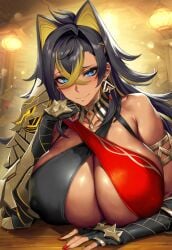 1girls 2vuiai ai_generated big_breasts blue_eyes breasts clothed clothed_female clothing dark-skinned_female dark_skin dehya_(genshin_impact) female female_only genshin_impact gigantic_breasts huge_breasts large_breasts looking_at_viewer massive_breasts muscular muscular_female upper_body voluptuous