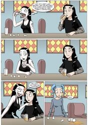 1boy 2girls beer black_eyebrows black_hair black_lipstick bunches clothing comic cyan_(character) cyan_hair drunk long_hair nemi nemi_montoya pale_skin tattoo white_skin