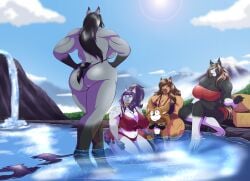 1boy 4girls anthro ass biceps big_ass black_body black_hair blue_sky box brown_body brown_hair canine clouds dog_boy forest furry grey_body hand_on_hip hands_on_hips harem hoofs horse horse_ears horse_girl horse_tail jadis_(robthehoopedchipmunk) large_breasts larger_female long_hair malina_(robthehoopedchipmunk) mountain muscular muscular_female oliana_(robthehoopedchipmunk) purple_hair ripped_clothing rob_(robthehoopedchipmunk) robthehoopedchipmunk sky talia_(robthehoopedchipmunk) taller_girl thick_thighs thighs two_tone_body two_tone_hair water wide_hips
