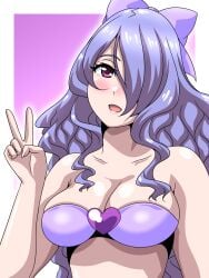 1girls :d alternate_costume bare_shoulders bikini blush breasts camilla_(fire_emblem) cleavage collarbone fire_emblem fire_emblem_fates hair_over_one_eye hairbow inabakun00 looking_at_viewer medium_breasts nintendo pink_bikini pink_eyes pink_swimsuit purple_hair shoulders swimsuit upper_body v