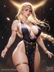 ai_generated big_breasts blonde_hair cleavage elden_ring female female_focus female_only long_hair nipple_bulge queen_marika_the_eternal stable_diffusion thick_thighs wide_hips yellow_eyes zargos