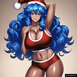 blue_hair christmas christmas_outfit red_outfit women