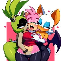 3girls ai_generated amy_rose anthro anthro_on_anthro bat bat_wings cold_shrike ear_piercing fangs female female_only fingering french_kissing green_hair groping hand_on_breast hand_on_butt hand_on_hip heart hedgehog kissing lesbian_sex mobian_(species) navel novelai piercing pink_hair ponytail rouge_the_bat sega self_upload sex shirt simple_background sonic_(series) sonic_the_hedgehog_(idw) sonic_the_hedgehog_(series) spandex surge_the_tenrec tail tenrec threesome tongue tongue_out trio white_hair yuri