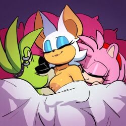 3girls after_sex ai_generated amy_rose anthro anthro_on_anthro bat bed breasts cuddling ear_piercing female female_only green_hair headband hedgehog lesbian mobian_(species) novelai nude pillow pink_hair rouge_the_bat sega self_upload simple_background sleeping sonic_(series) sonic_the_hedgehog_(idw) sonic_the_hedgehog_(series) surge_the_tenrec tenrec threesome under_covers white_hair wholesome wholesome_nudity yuri