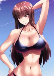 1girls belly belly_button big_breasts bikini blue_background bra breasts brown_eyes brown_hair cleavage clouds collarbone female female_focus girls_und_panzer gradient_background grey_clothing grey_underwear high_high_resolution high_resolution highres large_breasts light-skinned_female light_skin long_hair looking_at_viewer mature mature_female memotonoshiwatsubasa midriff milf mommy mother nishizumi_shiho panties pointy_chin simple_background sky solo solo_female solo_focus thong underwear white_background white_hair