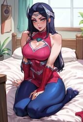 ai_generated bed bedroom black_hair blue_eyes breasts brinkai cleavage irelia_xan kneeling league_of_legends leggings lipstick looking_at_viewer makeup red_lipstick sheets smile