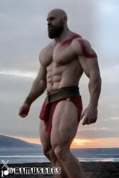 1boy ai_generated aimuscles bald bald_man bara barely_clothed barely_covered beard daddy dilf facial_hair god_of_war kratos looking_at_viewer male male_focus male_only mature_male muscles muscular muscular_arms muscular_ass muscular_back muscular_legs nature nature_background older_male outdoor_nudity outdoors partially_clothed_male partially_nude partially_undressed public public_exposure red_markings red_skirt scantily_clad snow snowy_background winter