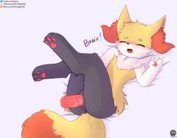 absurd_res anthro bed blush braixen closed_eyes duo female furniture generation_6_pokemon genitals hi_res legs_up lying male male/female nintendo paws penetration penis pokemon pokemon_(species) pussy senz tail text