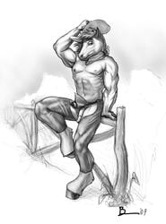 2009 abs anthro bandana biceps chaps clothed clothing cowboy_hat equine fence front_view full-length_portrait greyscale hair hat hooves horse lion21 loincloth looking_at_viewer male male_only mammal monochrome muscular muscular_male neckerchief nipples pecs penis portrait signature sitting snout solo